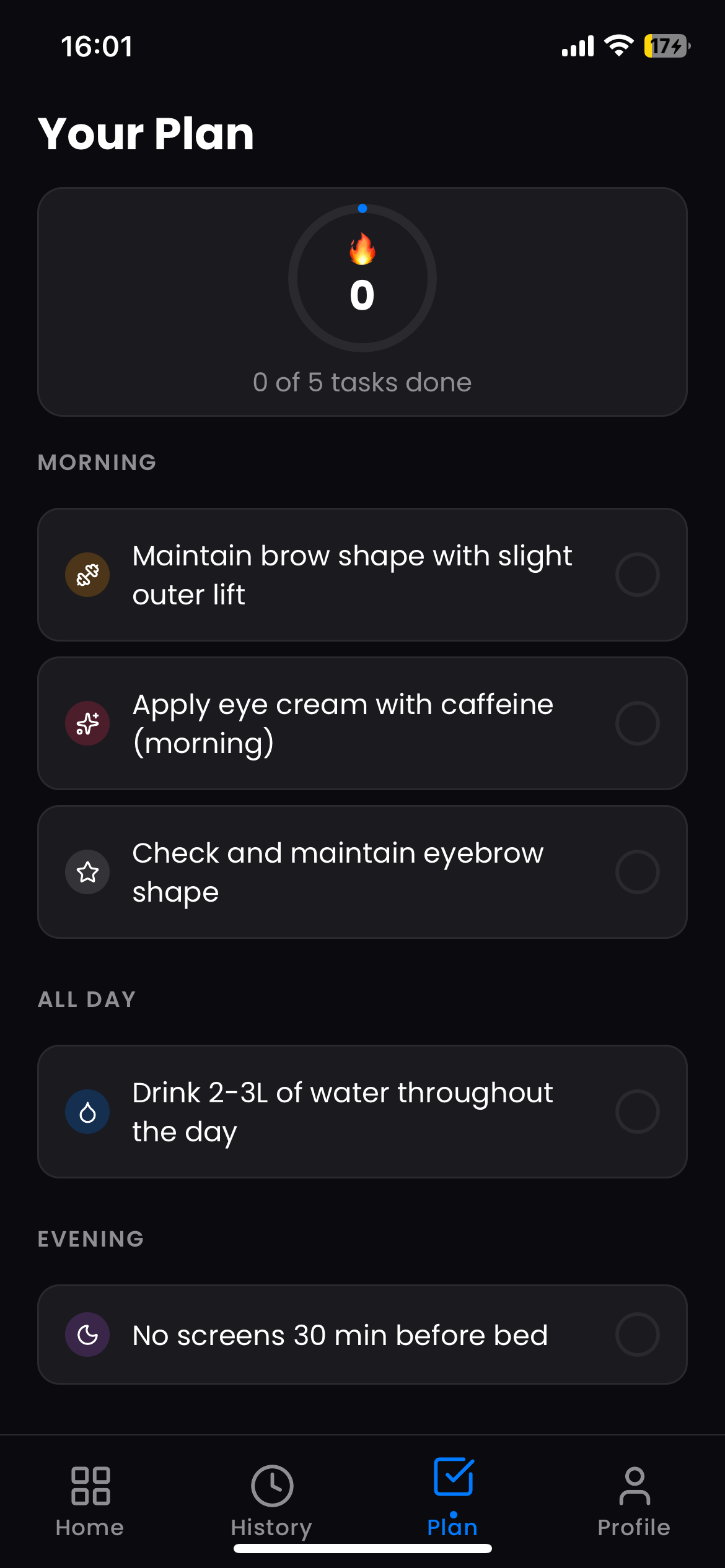 Daily plan screenshot showing morning, all day, and evening tasks